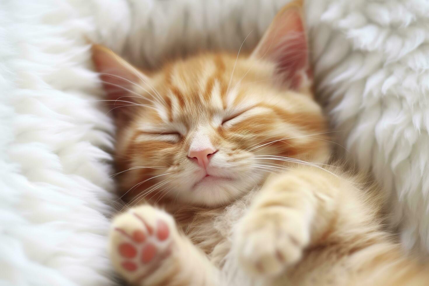 AI generated Red kitten, cat sleeping cute on white fur. Generative AI photo