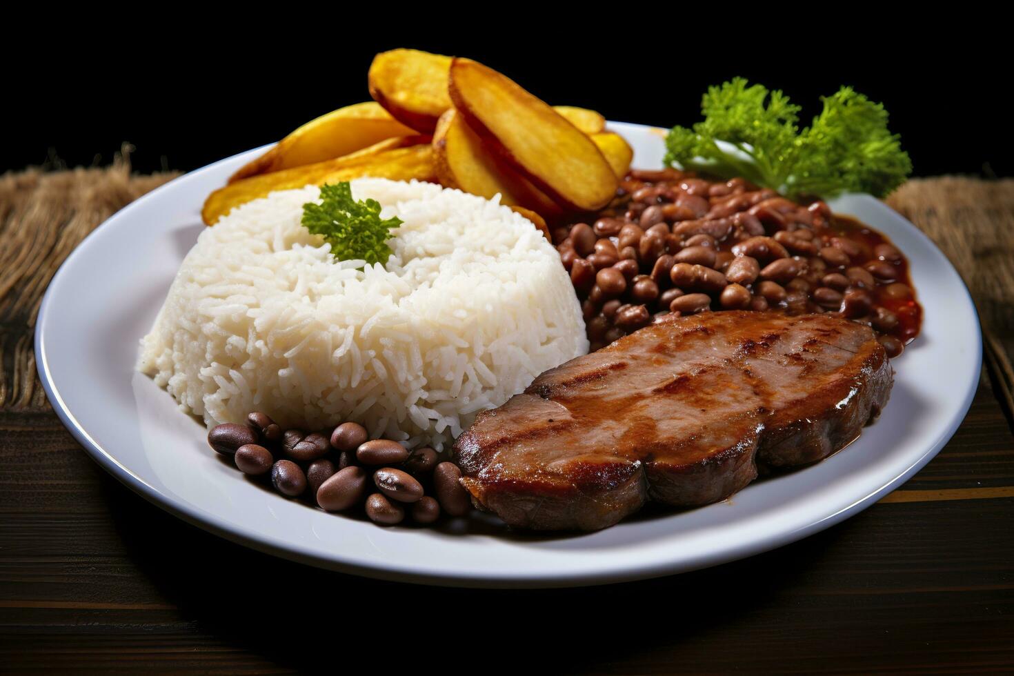 ai generado arroz, frijoles, francés papas fritas, y carne. generativo ai foto