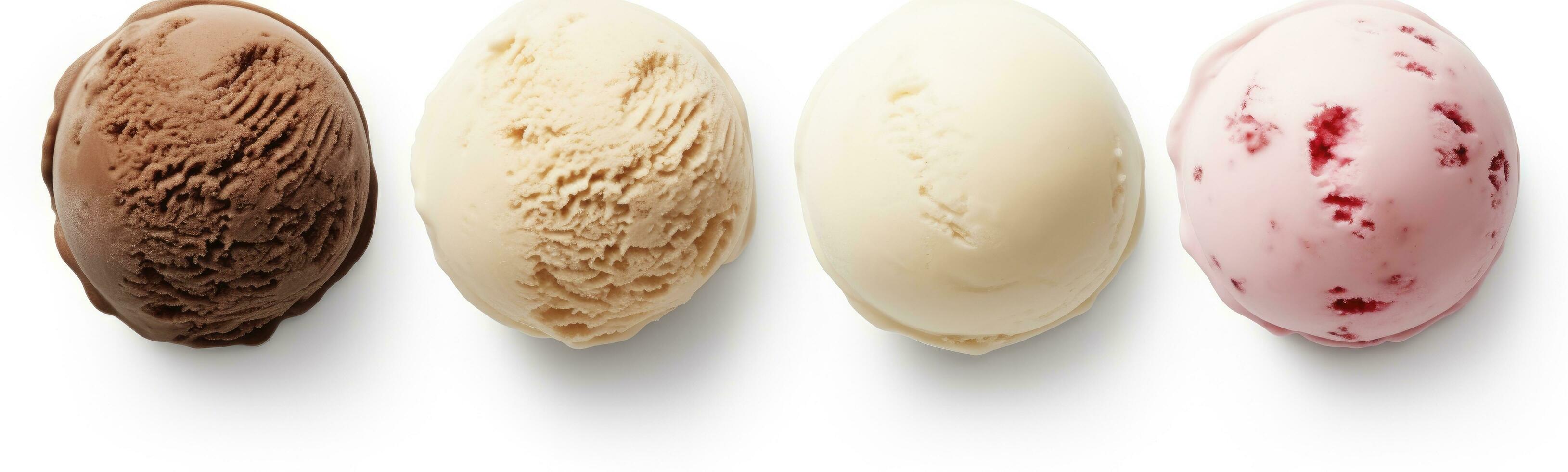 AI generated Set of four various ice cream balls or scoops isolated on white background. AI Generated photo