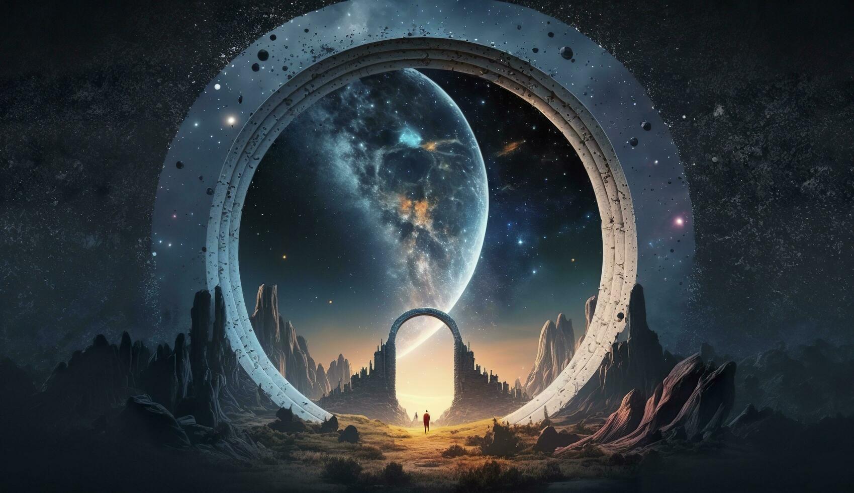 AI generated Portal to another world. Futuristic cosmic landscape with circle tunnel in starry sky. Generative AI photo