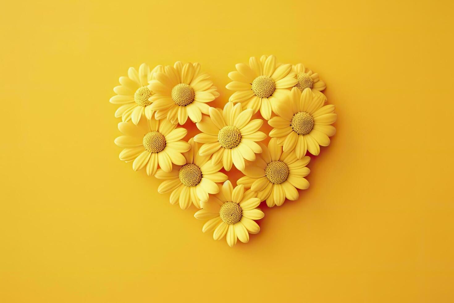 AI generated Yellow Heart Shaped By Yellow Daisies Over Yellow Background. AI Generated photo