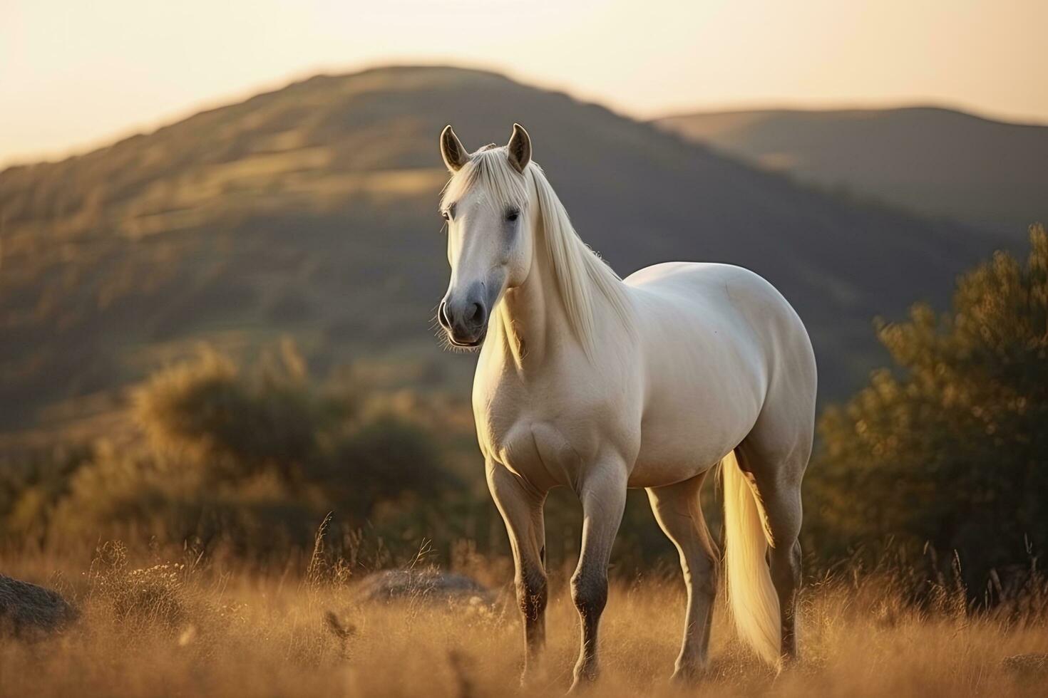 ai generado blanco caballo o yegua en el montañas a puesta de sol. ai generado foto