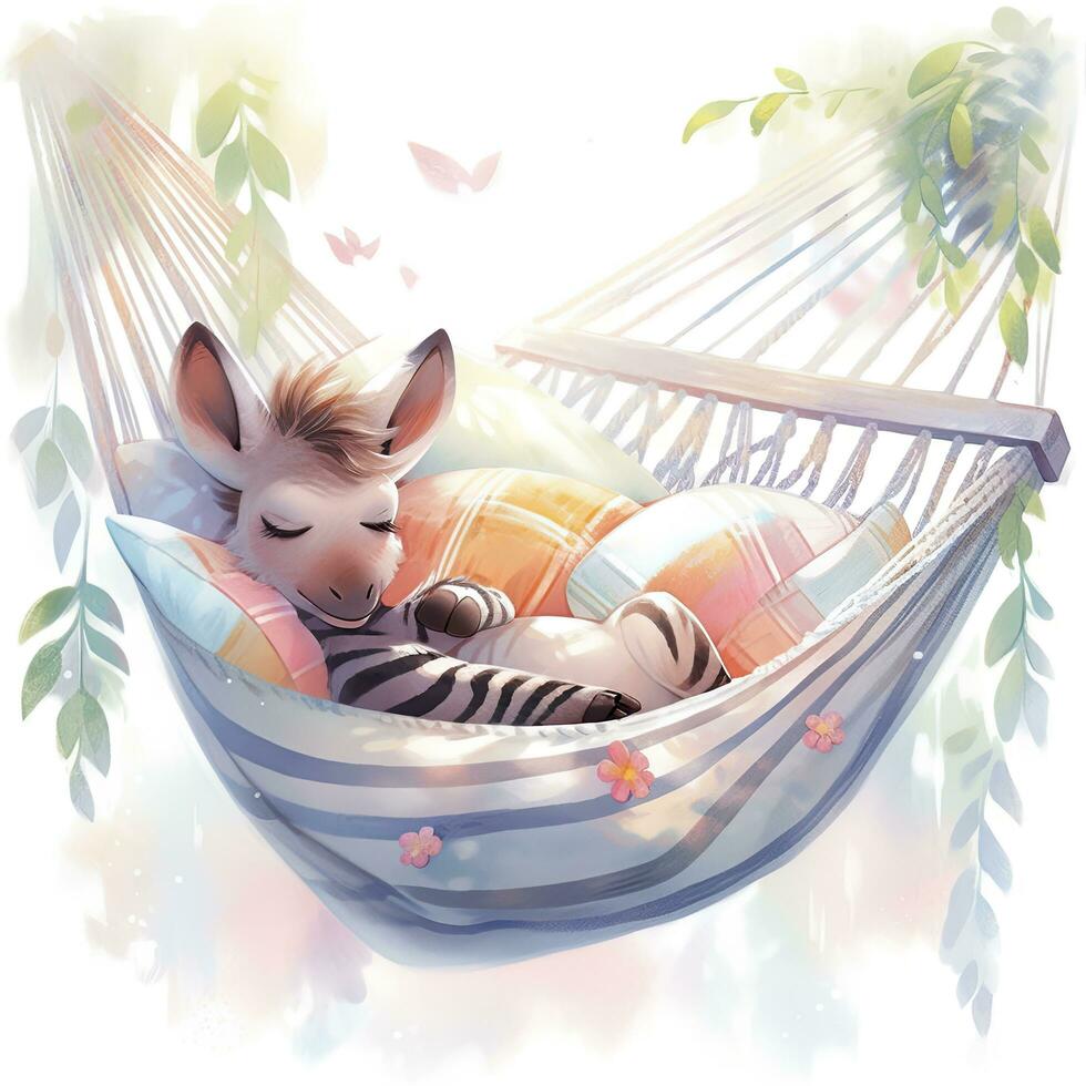 AI generated A sleepy baby zebra in a hammock. watercolor illustrations. AI Generated photo