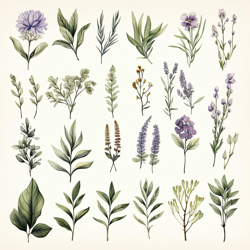 AI generated Collection of watercolor herbs clipart on white background. AI Generated photo