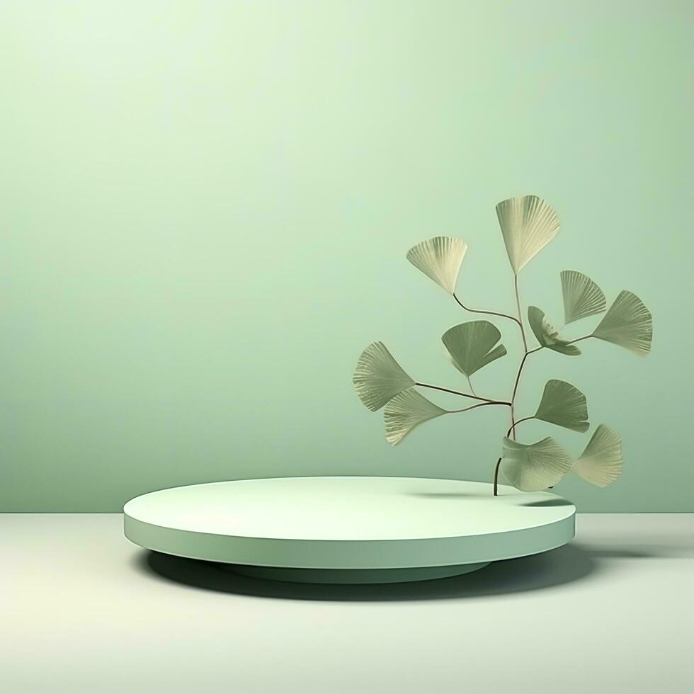 AI generated Empty podium with Ginkgo Biloba leaves and shadows on pastel green background.  AI Generated. photo
