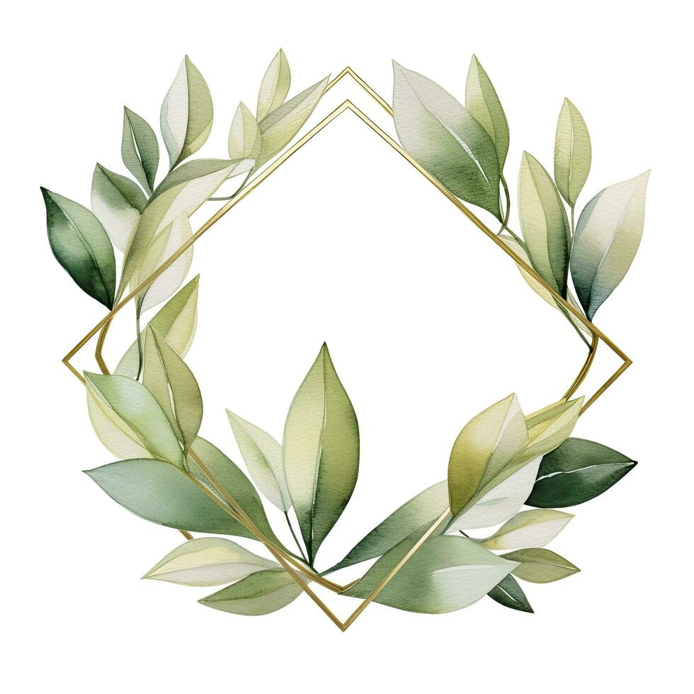 AI generated Watercolor geometry shape wreath with green leaf. AI Generated photo