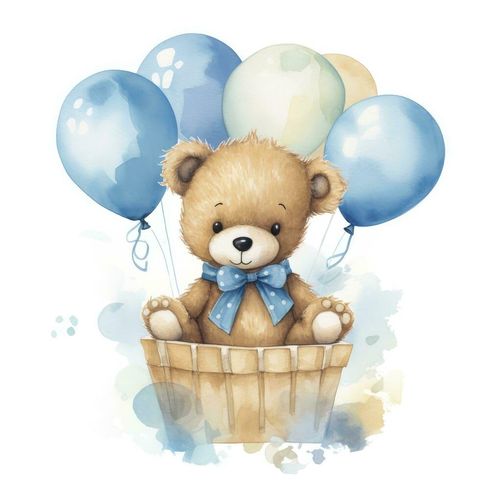 AI generated A watercolor baby teddy bear is sitting in the basket with blue and gold balloons. AI Generated photo