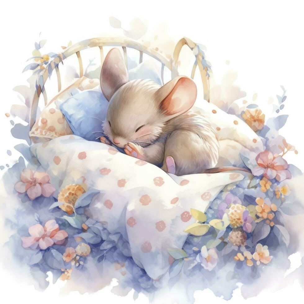 AI generated A sleepy baby mouse in a bedding, watercolor illustration.  AI Generated photo