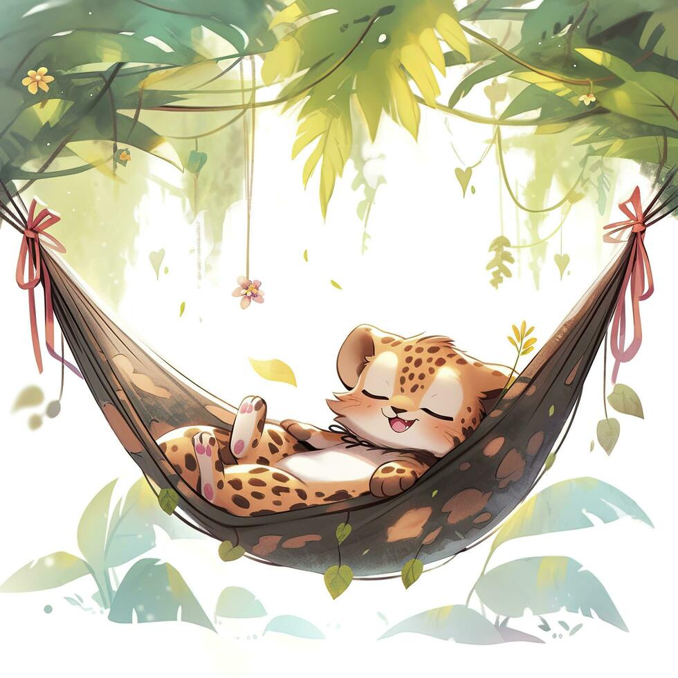 AI generated A sleepy baby leopard in a hammock. watercolor illustration. AI Generated photo