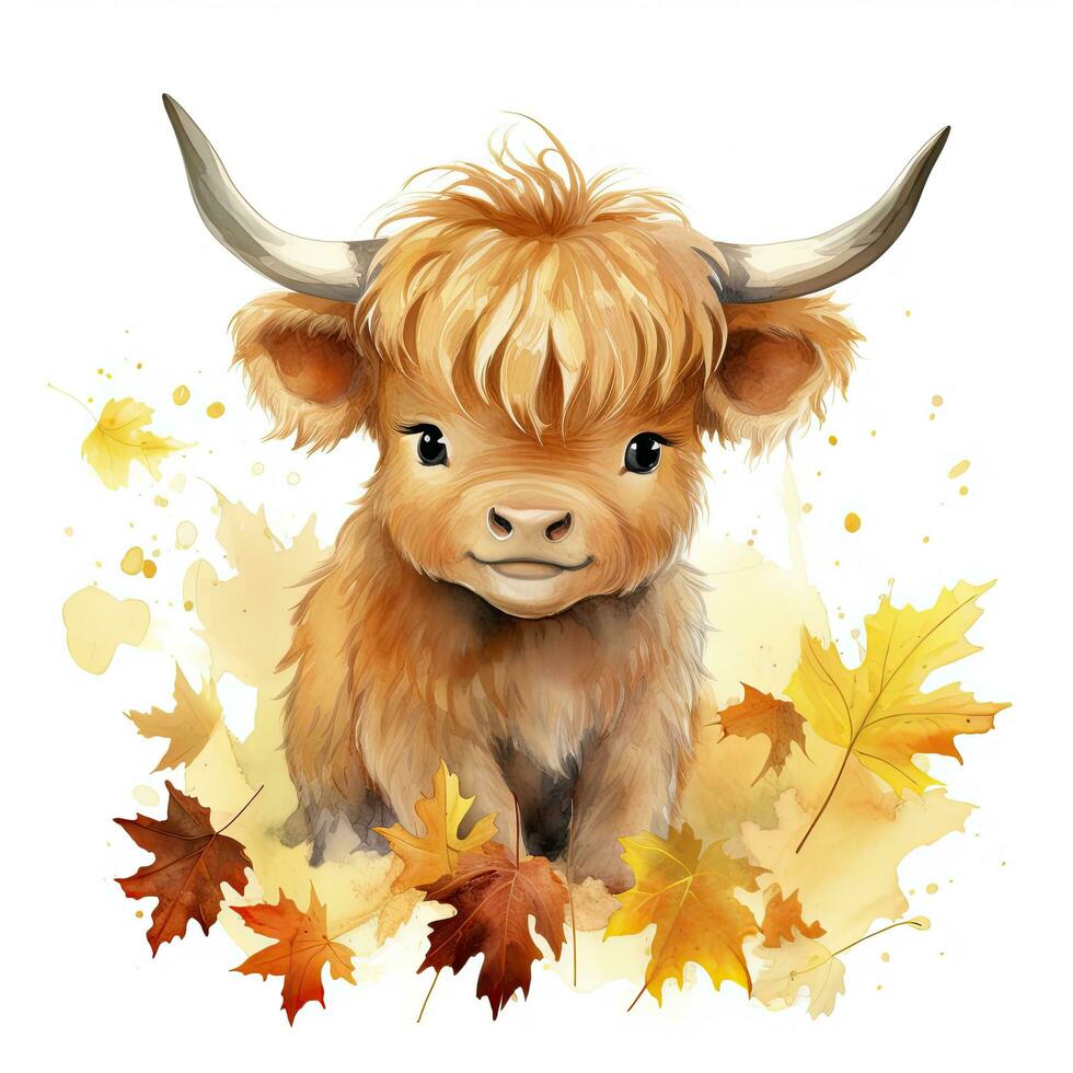 AI generated Happy cute baby highland cow in autumn leaves in the watercolor style. AI Generated photo