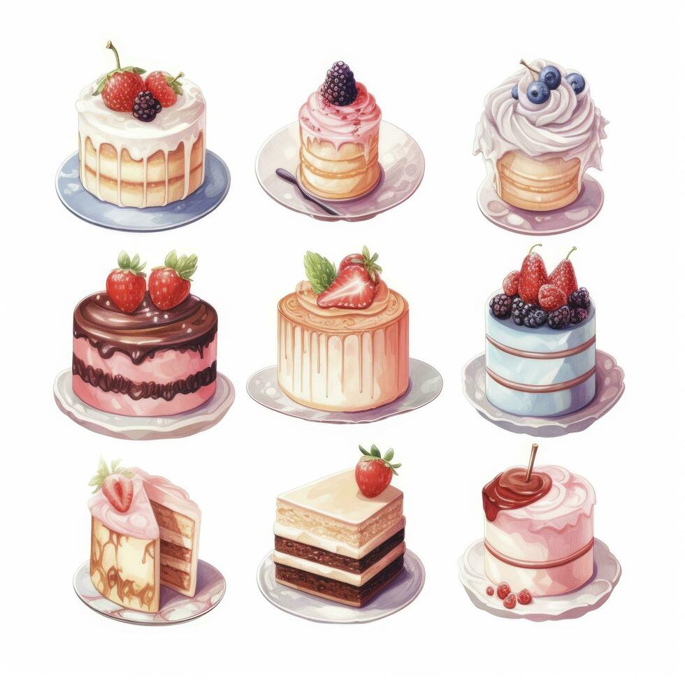 AI generated Set of Cake piece illustration on white background. AI Generated photo