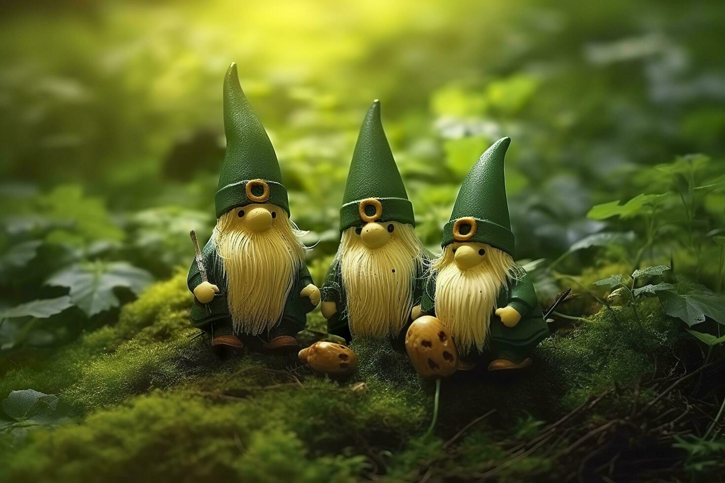 AI generated Toy Irish gnomes in a mystery forest, abstract green natural background. Generative AI photo
