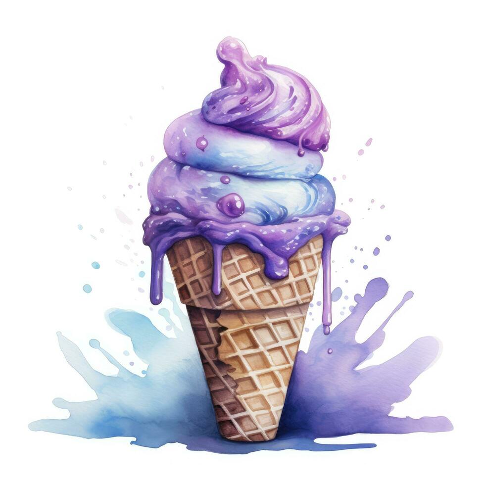 AI generated Watercolor ice cream in a waffle cone. AI Generated photo