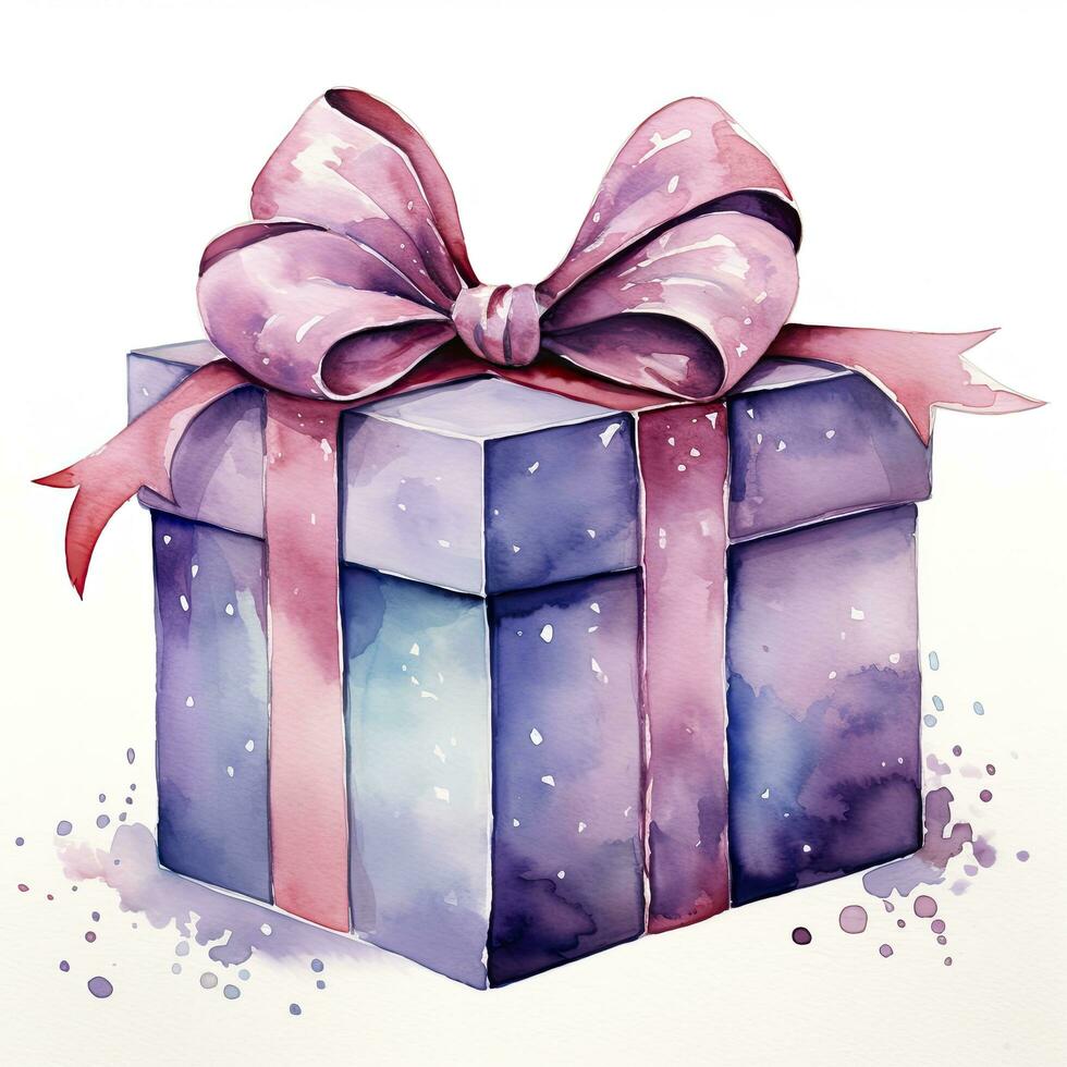 AI generated Watercolor birthday present with bow isolated on white background.  AI Generated photo