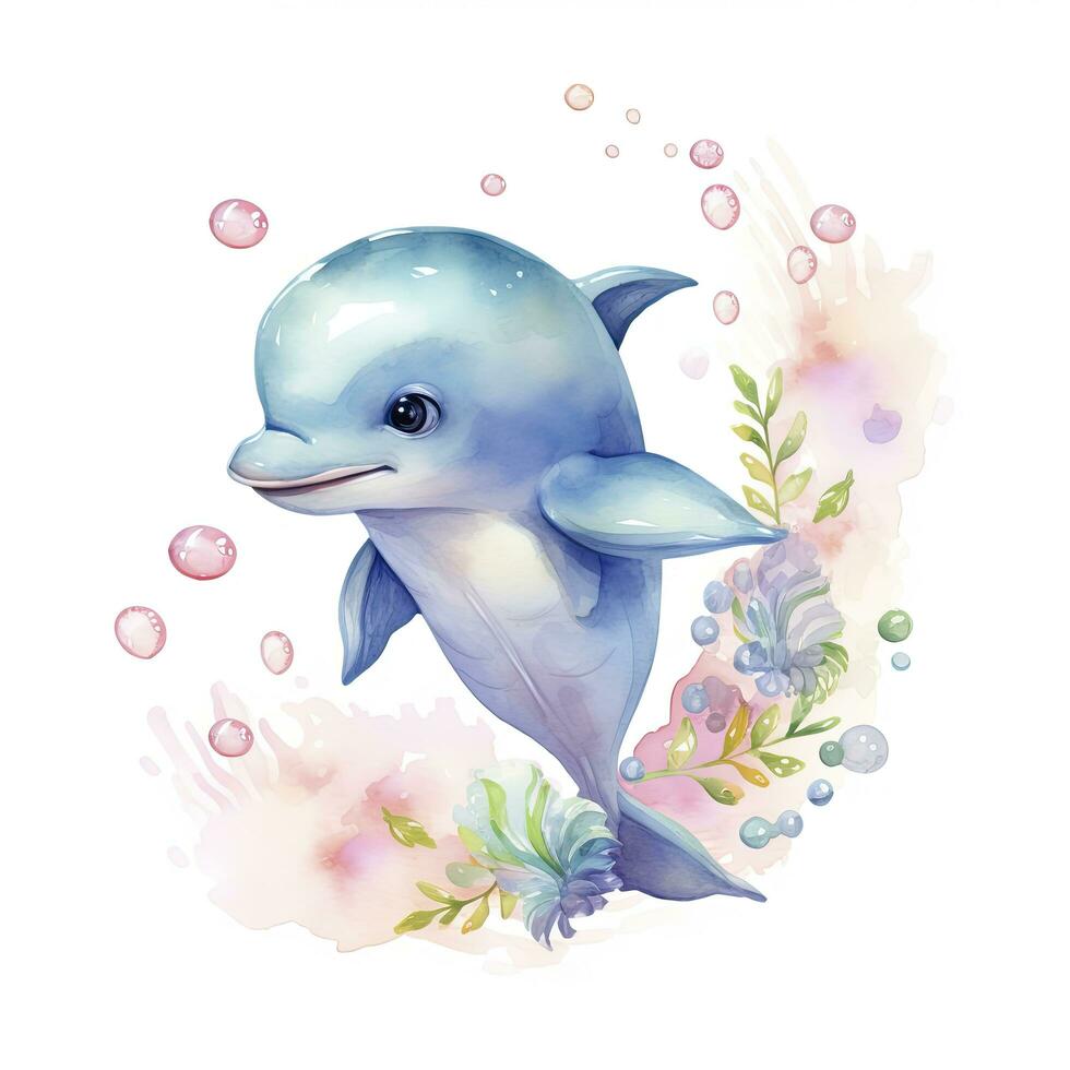 AI generated Watercolor fantasy Baby Dolphin clip art isolated white background. AI Generated photo