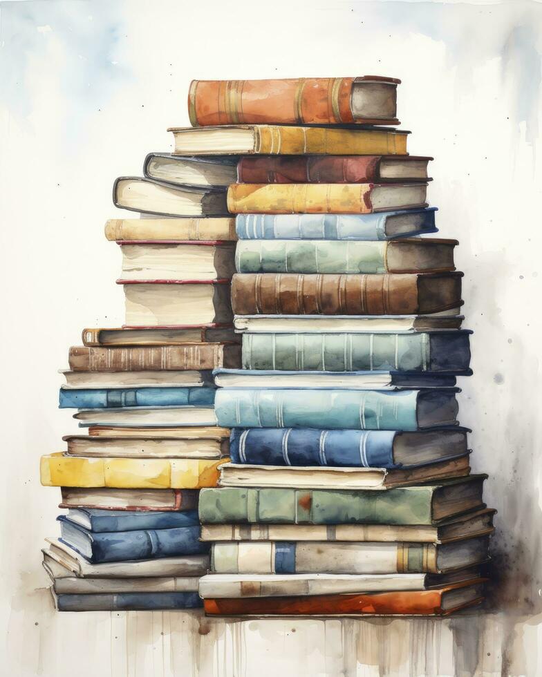 AI generated Watercolor pile of books isolated on white background. AI Generated photo