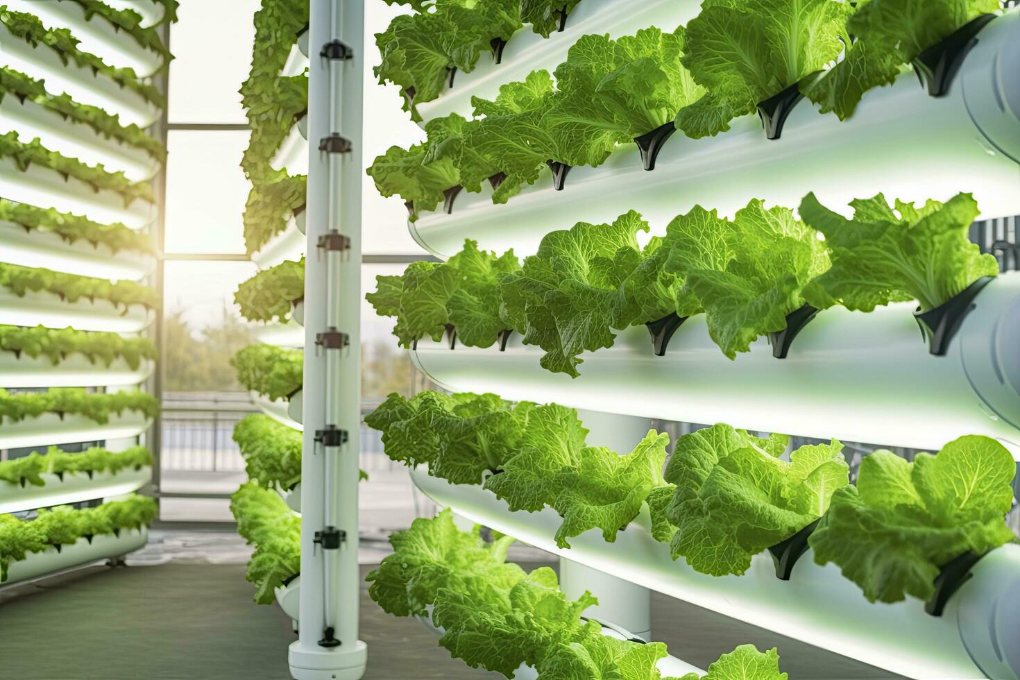 AI generated Vertical Hydroponic Plant System With Cultivated Lettuces. AI Generated photo