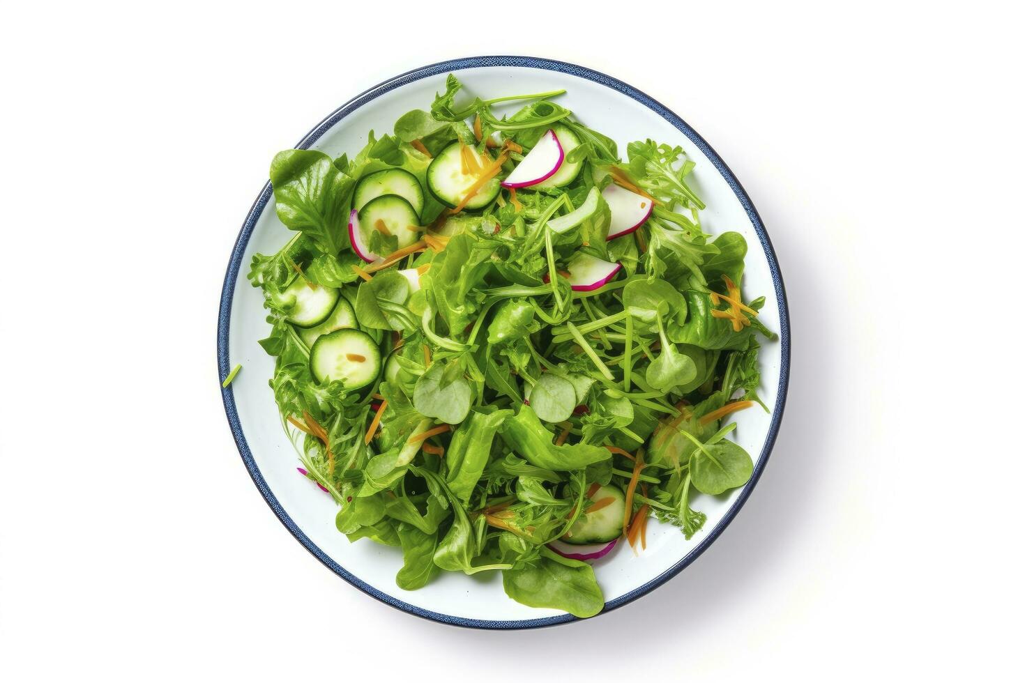 AI generated Healthy fresh green salad plate shot from above on white background. AI Generated photo