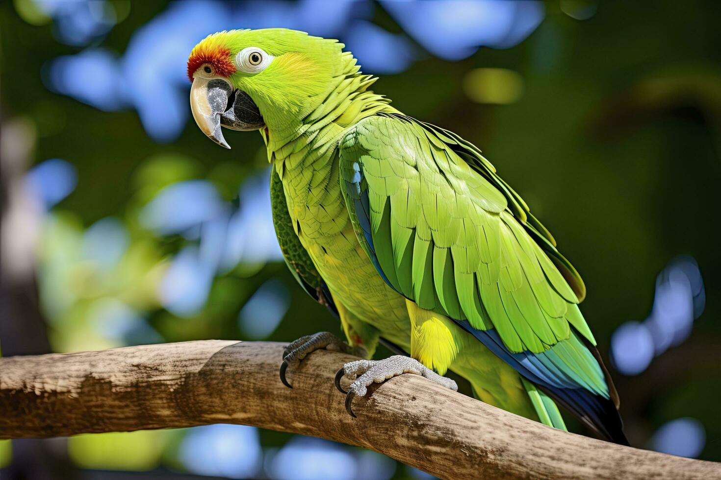 AI generated A green parrot on a branch. AI Generated photo