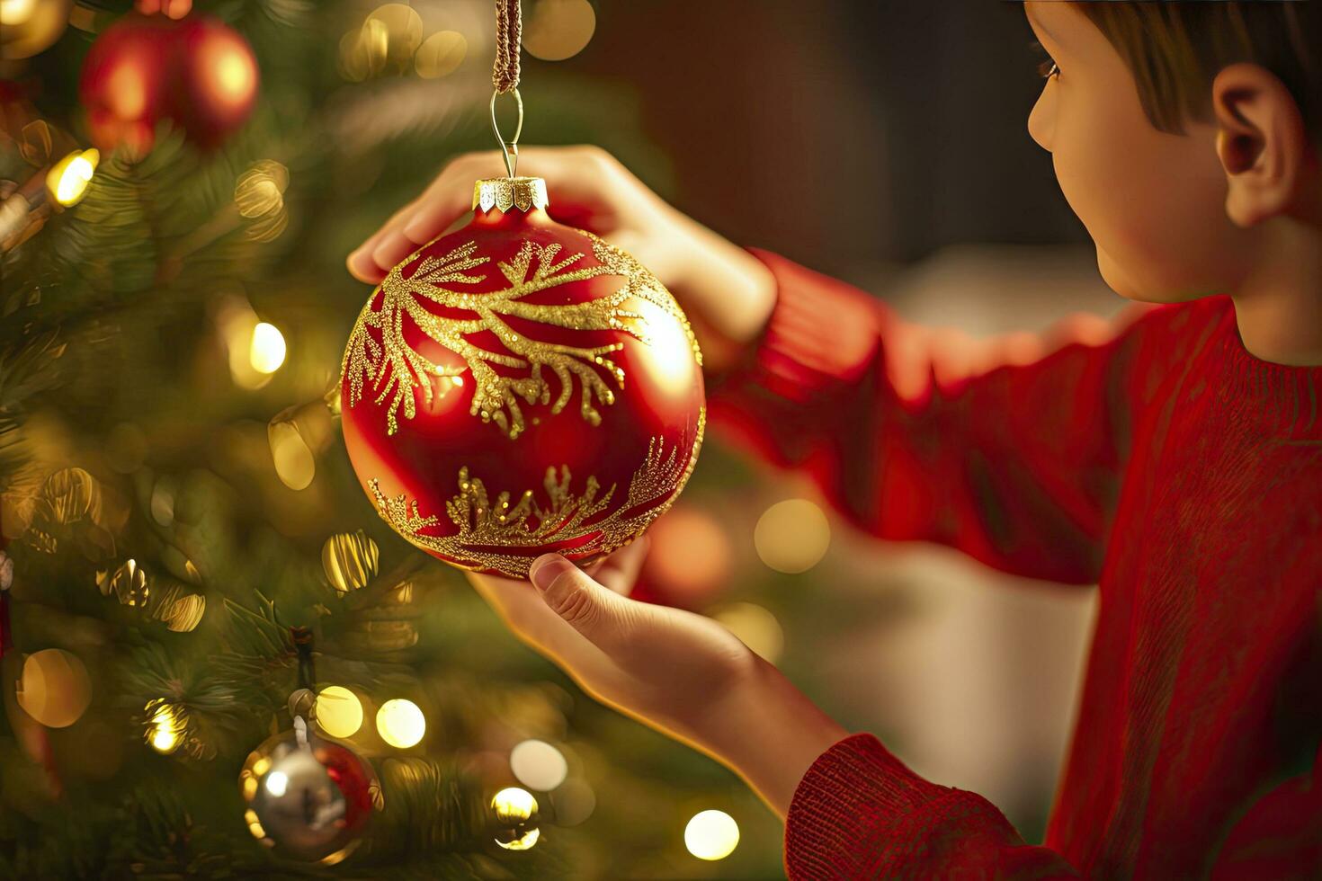 AI generated Child Decorating Christmas Tree Closeup. AI Generated photo