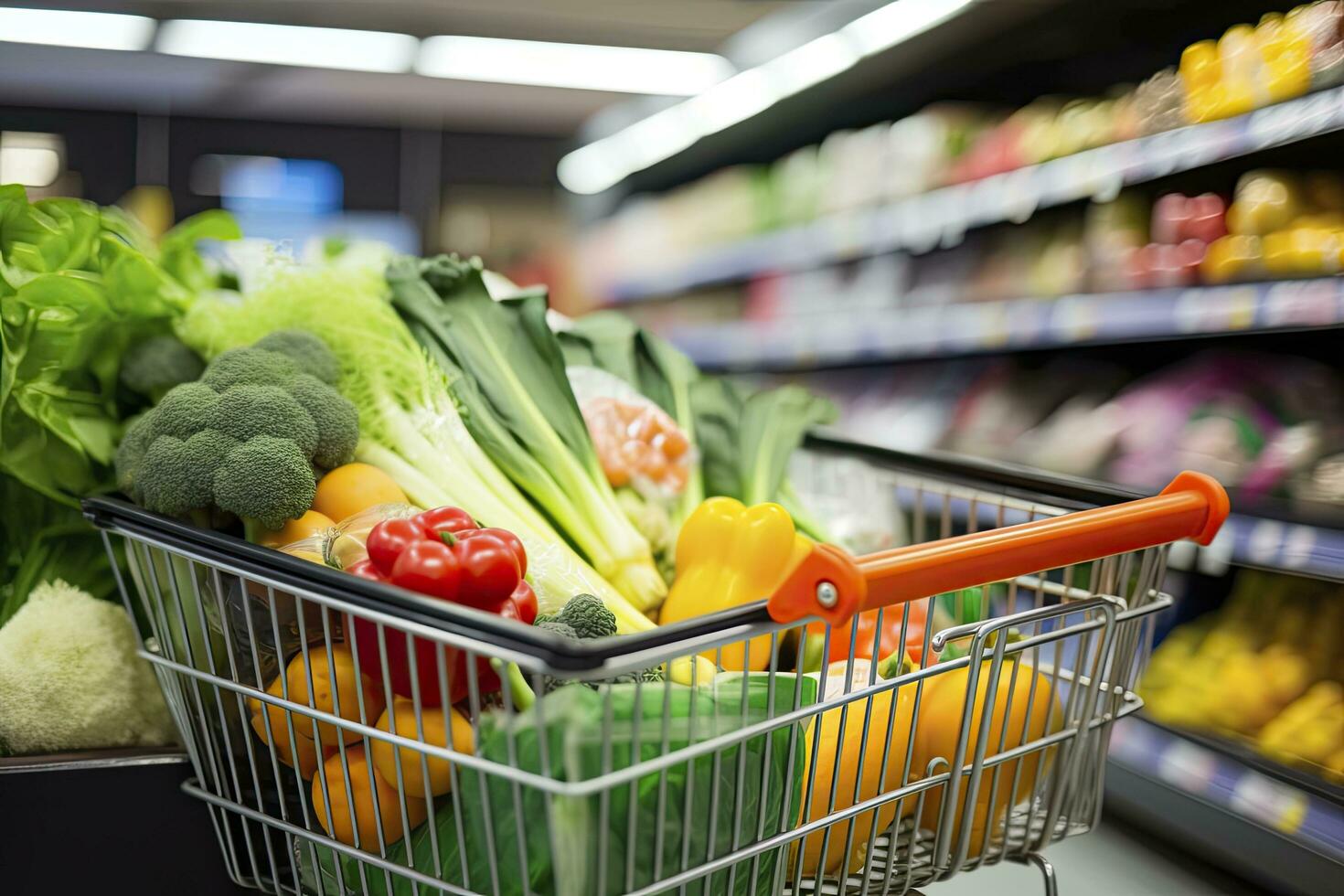 AI generated Close up of full shopping cart in grocery store. AI Generated photo