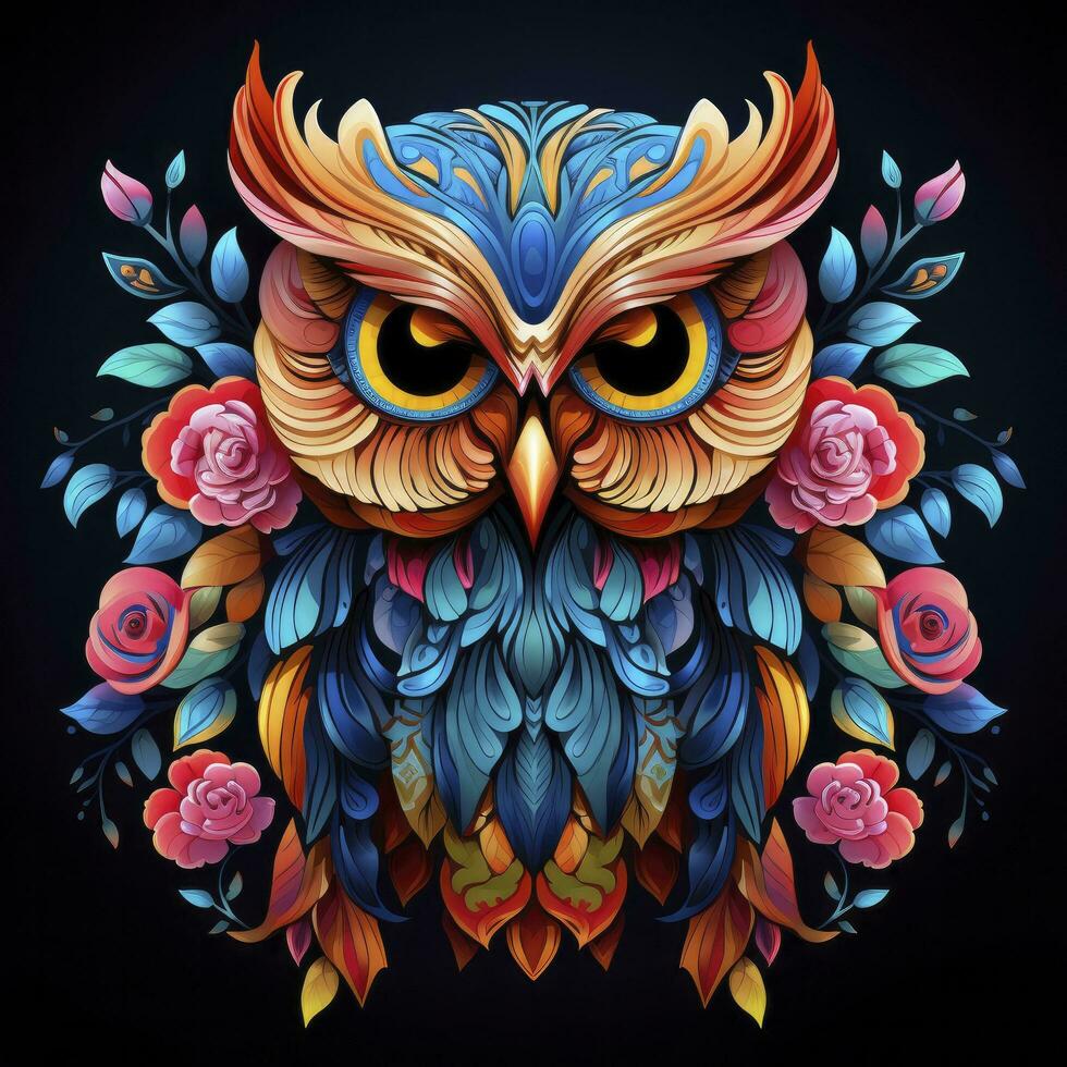 AI generated Multicolored mandala owl coloring page for adults. AI Generated photo