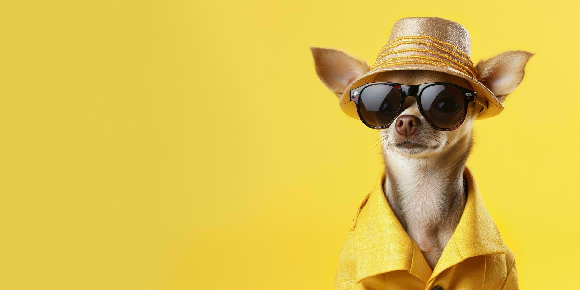 AI generated Cool looking Chihuahua dog wearing funky fashion dress. space for text right side. Generative AI photo