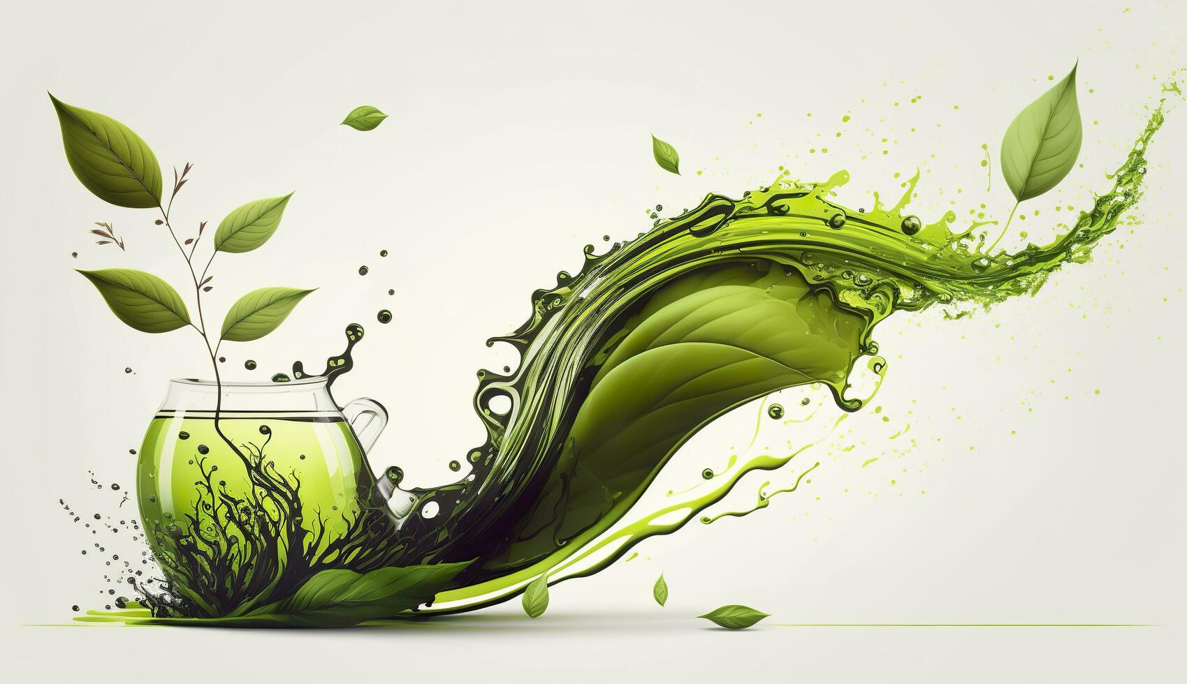 AI generated Green herbal tea wave splash with leaves flow. AI Generated photo