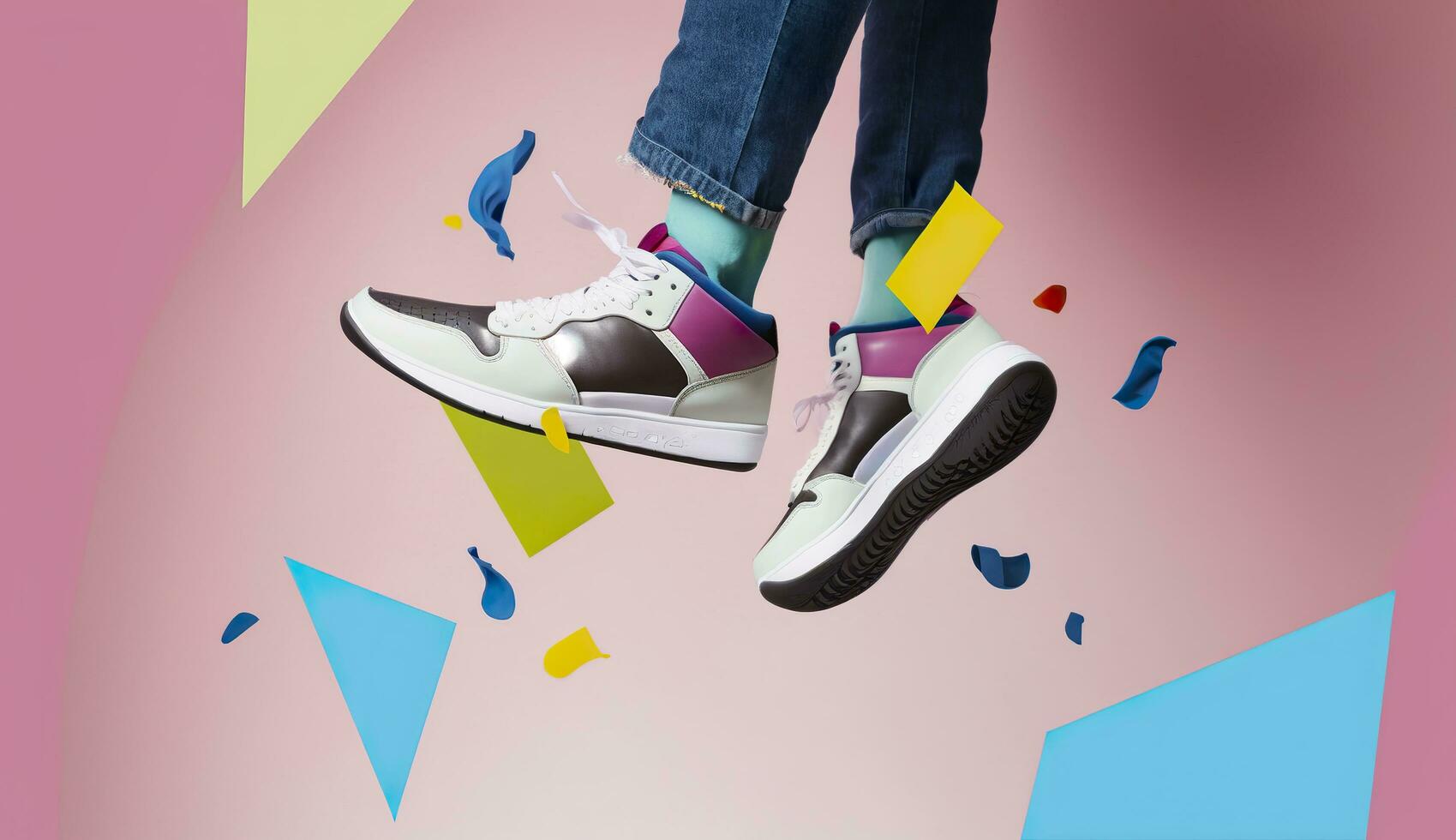 AI generated Flying trendy sneakers on creative colorful background, Stylish fashionable concept. AI Generated photo