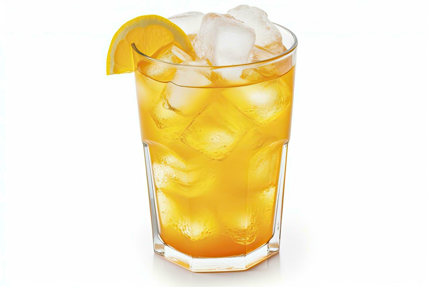 AI generated A glass of orange soda water with ice cubes on white background. AI Generated photo