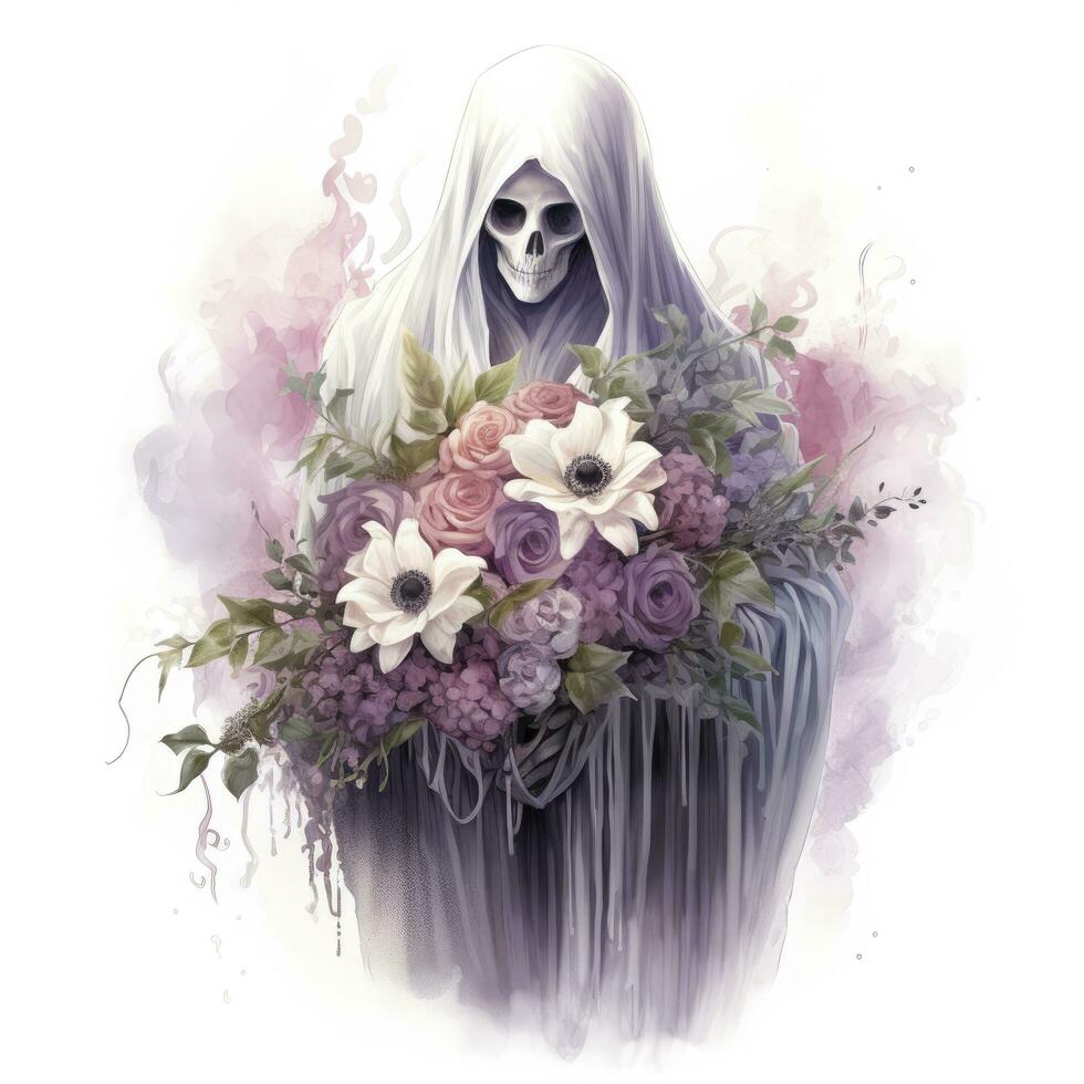 AI generated A stunning ghost holding flower bouquet and enjoying the festivities of Halloween,  AI Generated photo