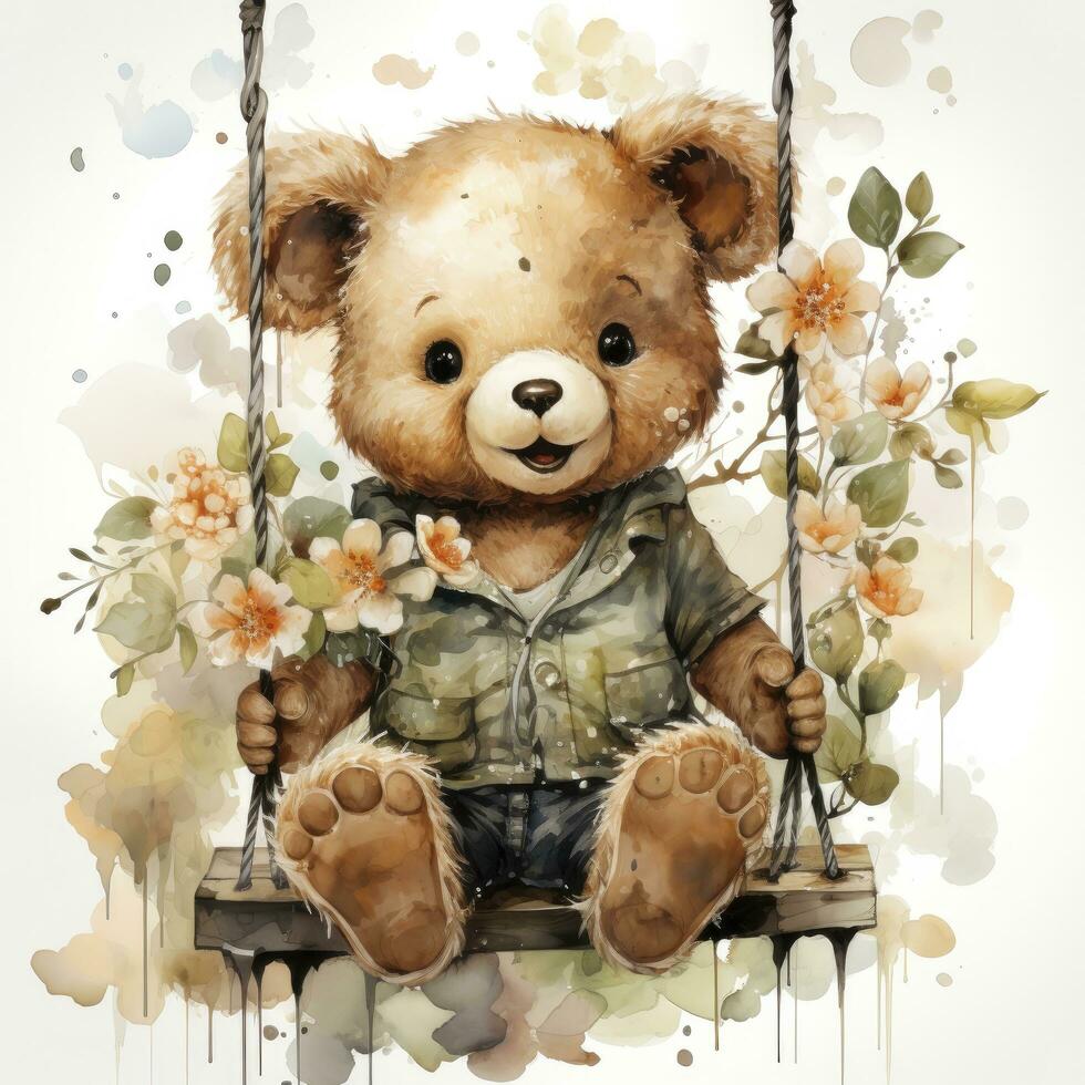 AI generated A cute happy teddy bear swings on a tree on a white background. AI Generated photo