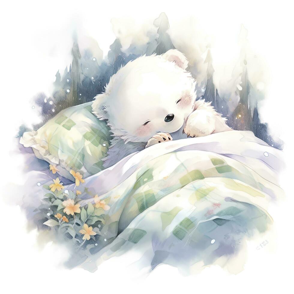 AI generated A sleepy baby bear in a bedding. watercolor illustration. AI Generated photo