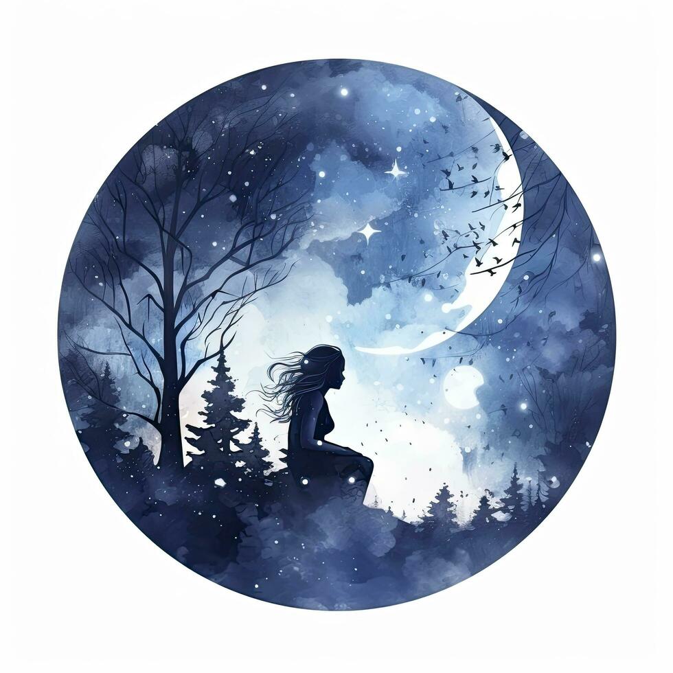 AI generated Forest moon silhouette with fairy shining in the night sky on a white background. AI Generated photo