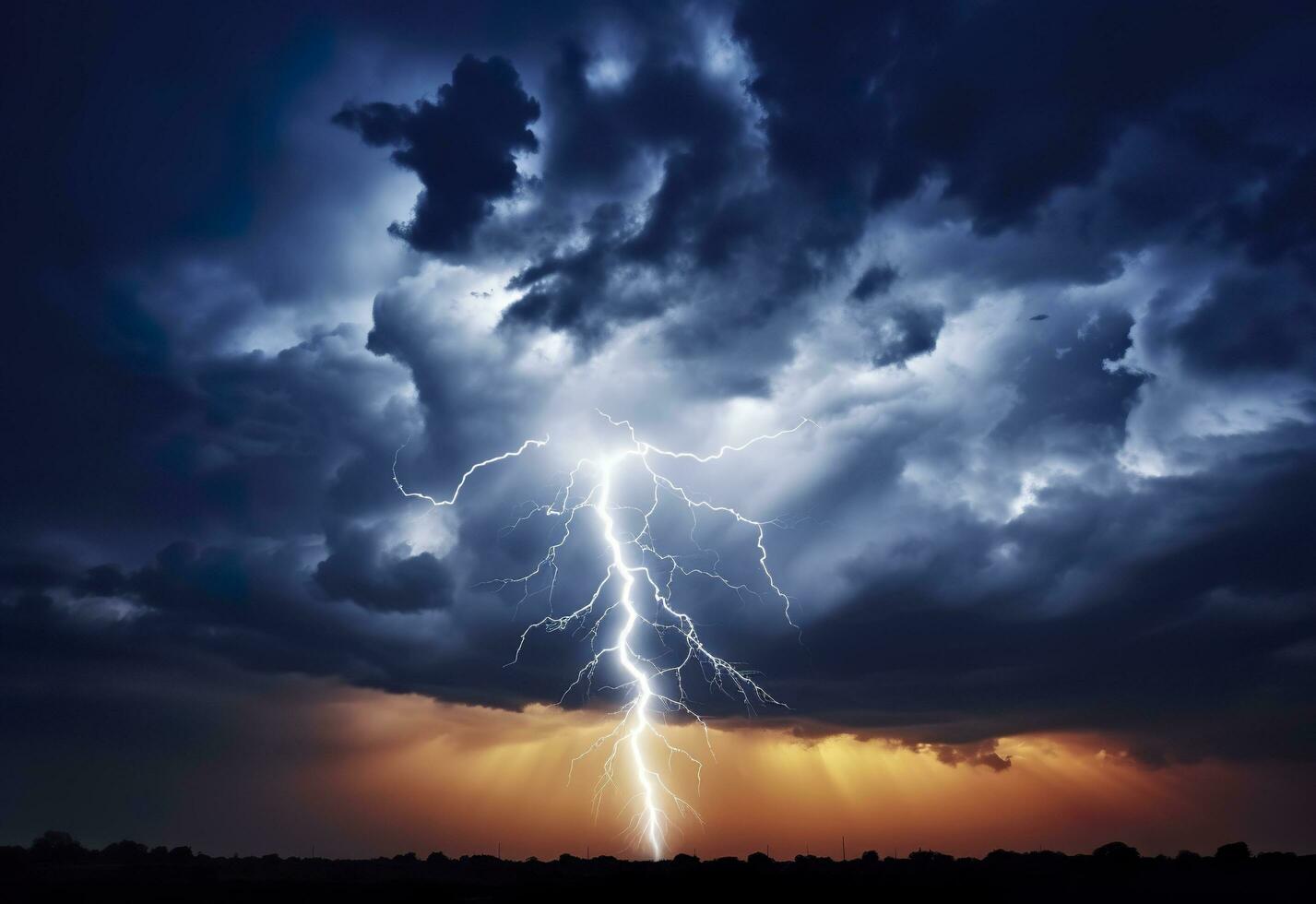 AI generated Lightning strikes on a cloudy dramatic stormy sky. AI Generated photo