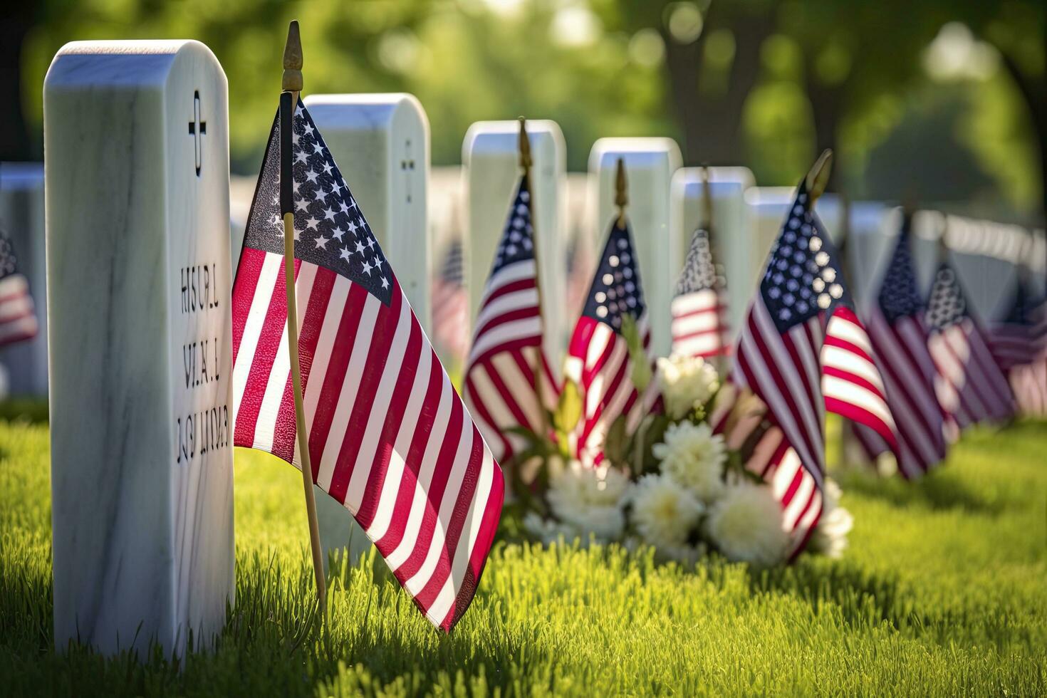 AI generated Military Headstones and Gravestones Decorated With Flags for Memorial Day.  AI Generated photo