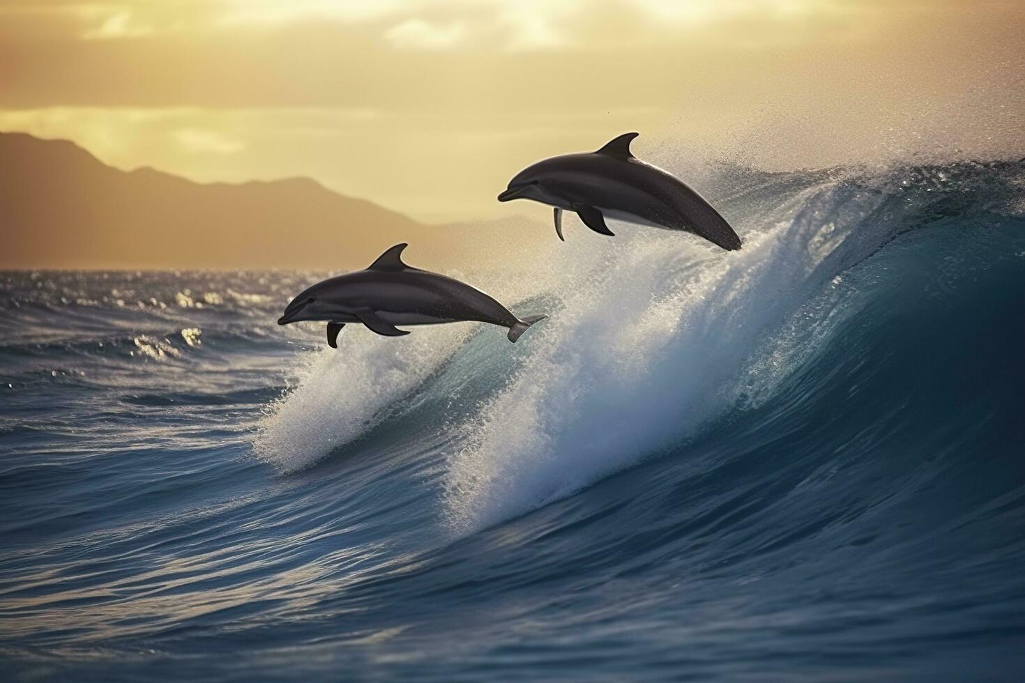 AI generated Playful dolphins jumping over breaking waves. Hawaii Pacific Ocean wildlife scenery. Generative AI photo