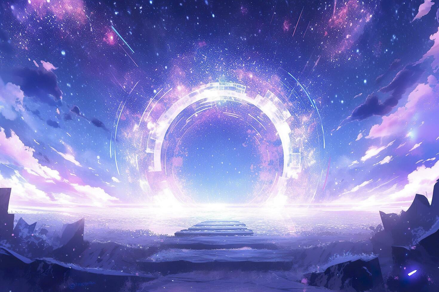 AI generated Portal to another world. Futuristic cosmic landscape with circle tunnel in starry sky. Generative AI photo