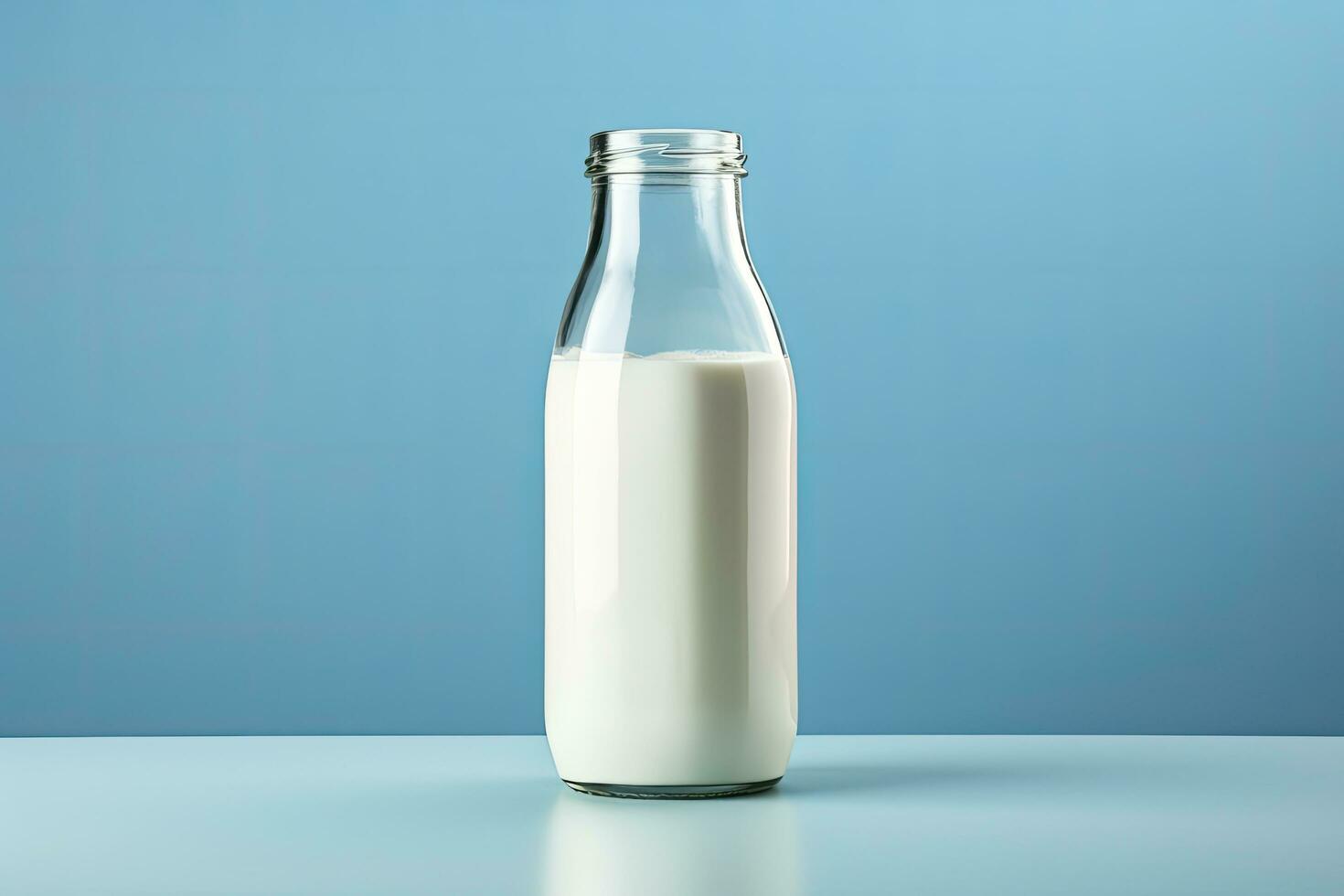 AI generated A glass bottle with full milk on blue background. AI Generated photo