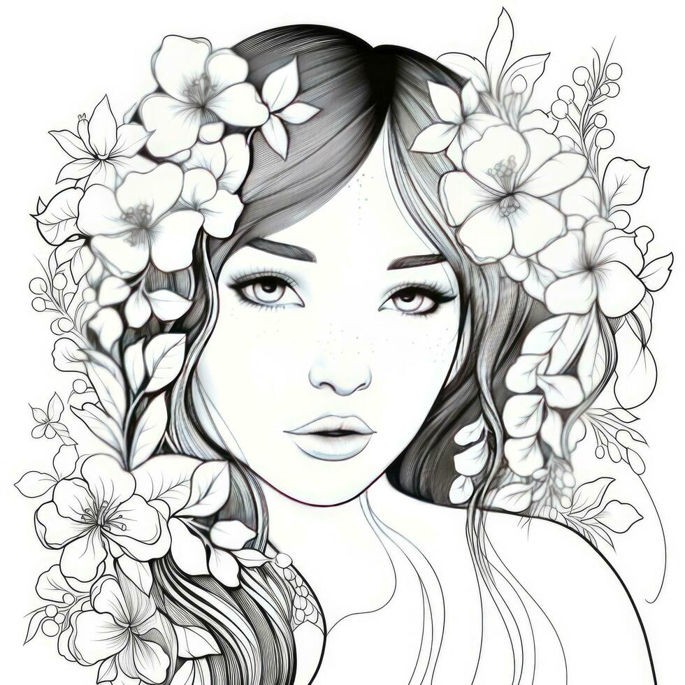 AI generated A girl on a coloring book page with Jasmine flowers. AI Generated photo