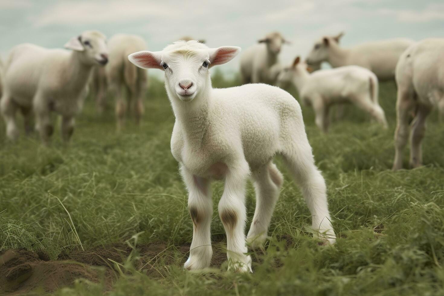 ai generado blanco Cordero en un campo en frente de otro animales generativo ai foto