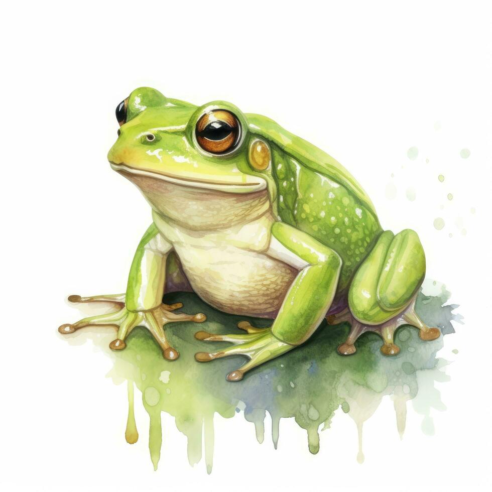 AI generated Watercolor green frog on white background.  AI Generated photo