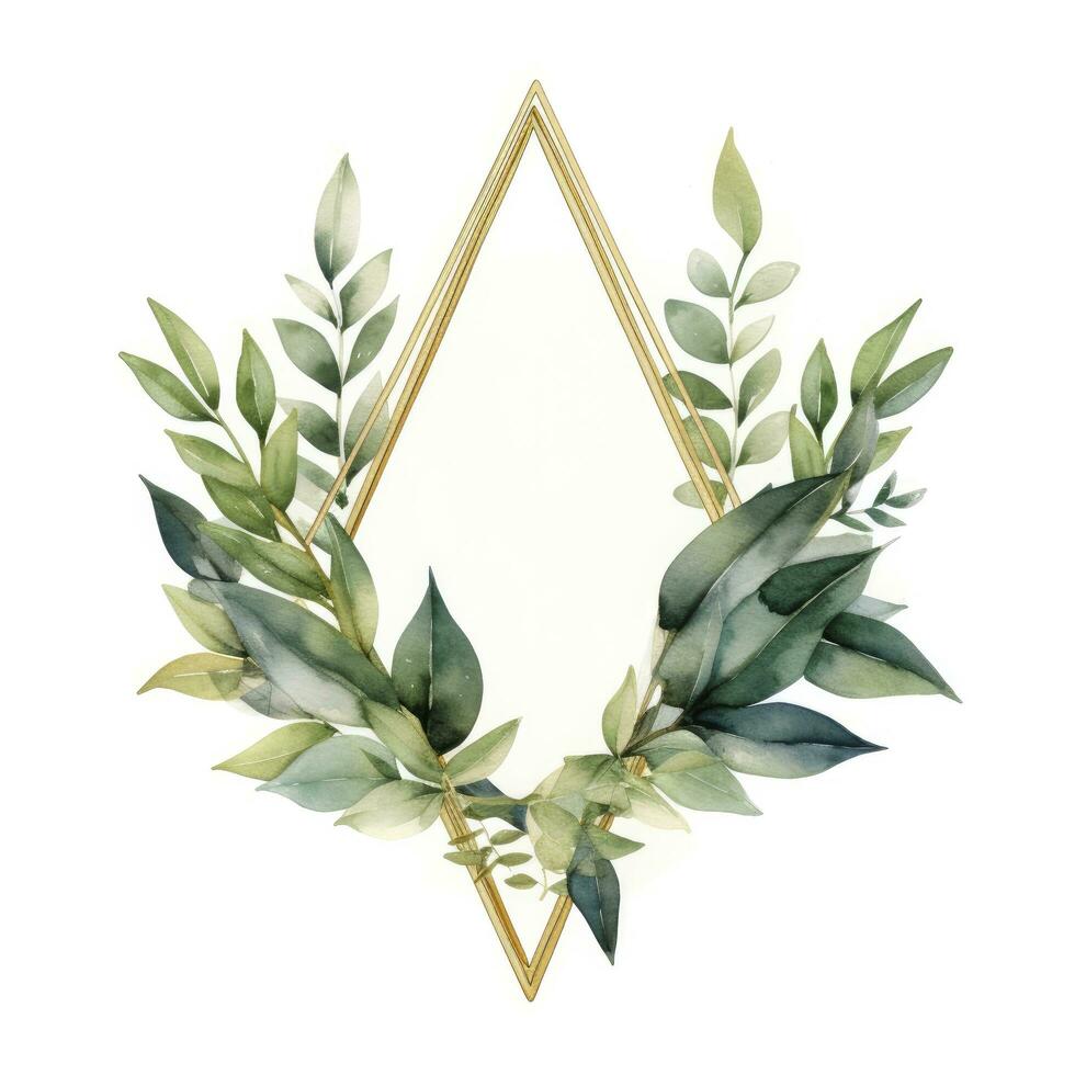 AI generated Watercolor geometry shape wreath with green leaf. AI Generated photo