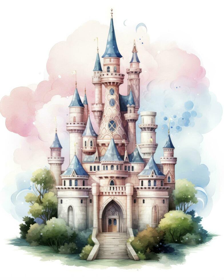 AI generated Colorful watercolor kawaii castle isolated on white background. AI Generated photo