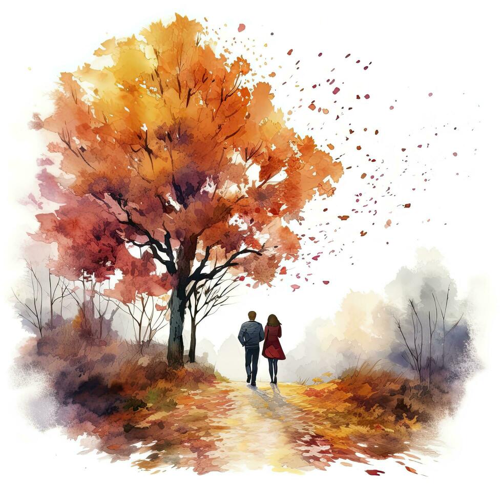 AI generated Watercolor autumn landscape with a couple walking. AI Generated photo