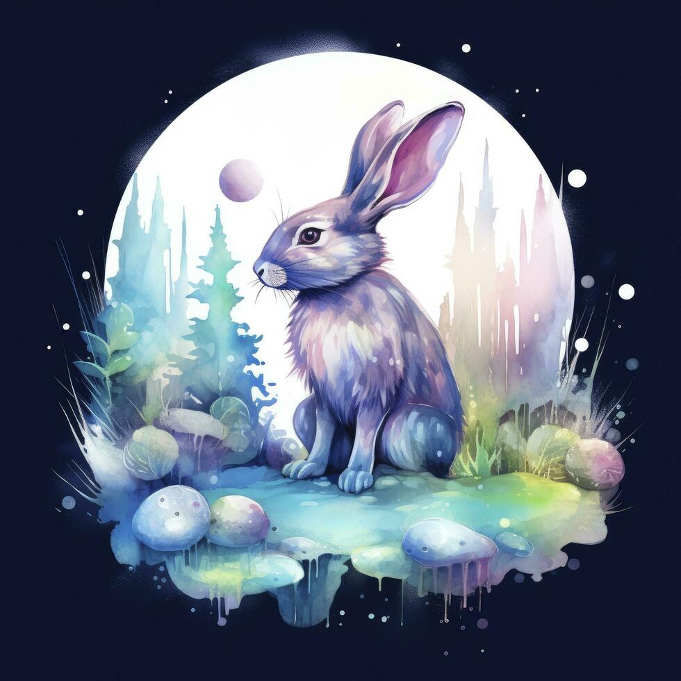 AI generated Watercolor Rabbit and Glowing Moon for T-shirt Design. AI Generated photo