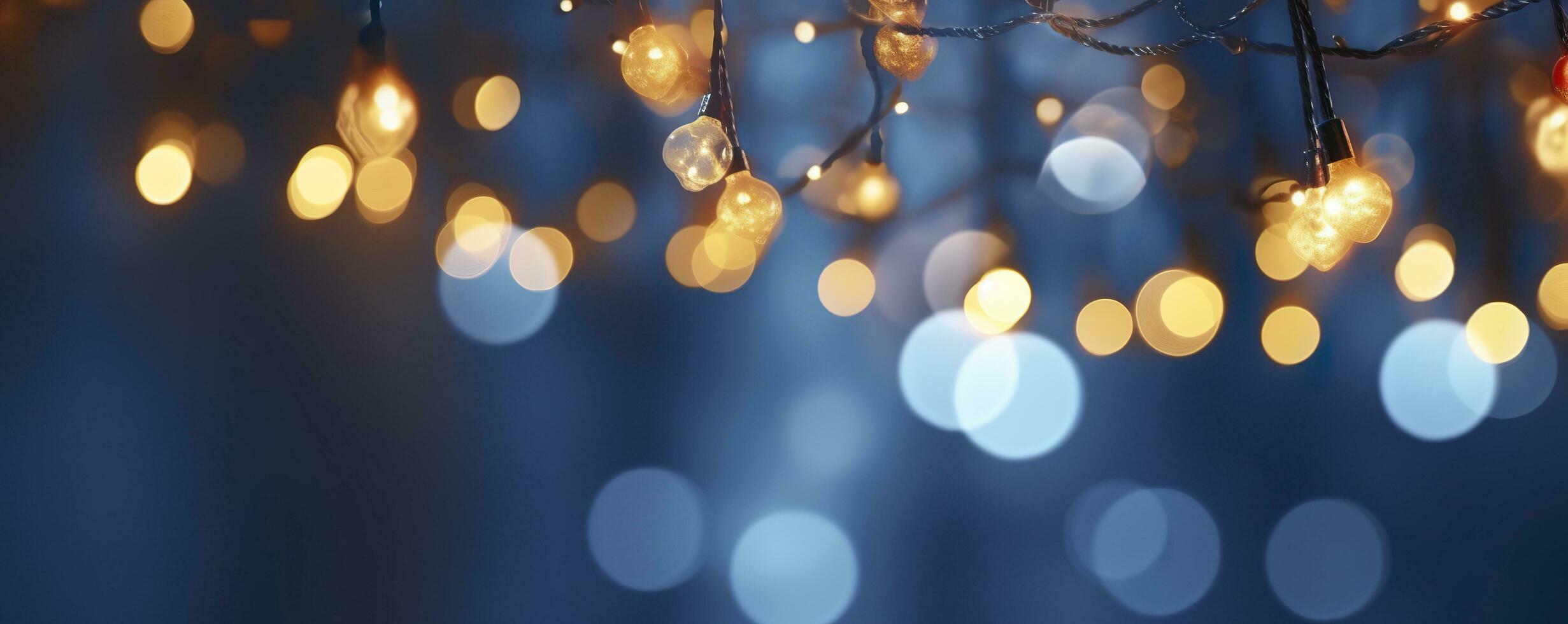 AI generated holiday illumination and decoration concept, Christmas garland bokeh lights over dark blue background. AI Generated photo