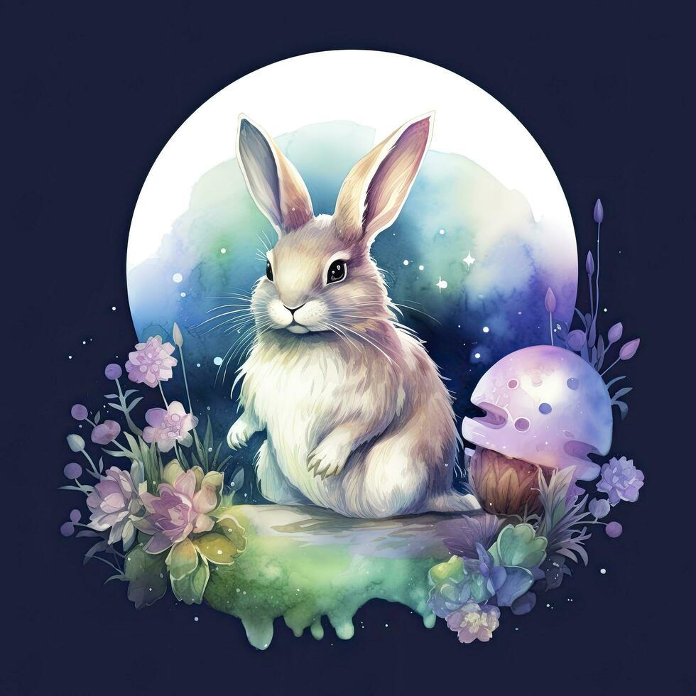 AI generated Watercolor Rabbit and Glowing Moon for T-shirt Design. AI Generated photo