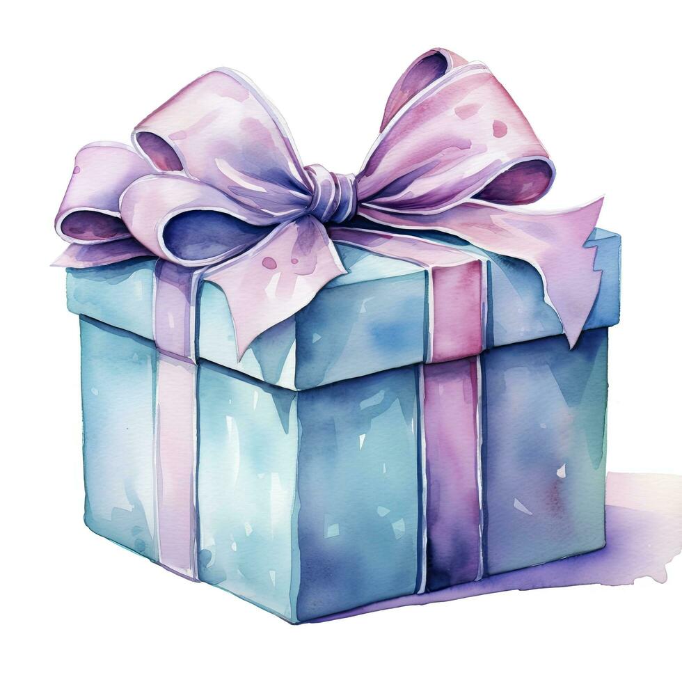 AI generated Watercolor birthday present with bow isolated on white background.  AI Generated photo