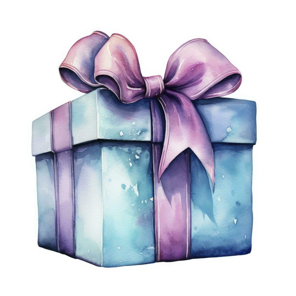 AI generated Watercolor birthday present with bow isolated on white background.  AI Generated photo